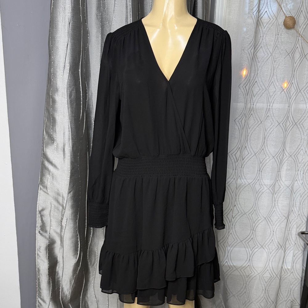 Michael Kors Women’s Sz L Black Long-Sleeve V-Neck Tiered Ruffle Dress